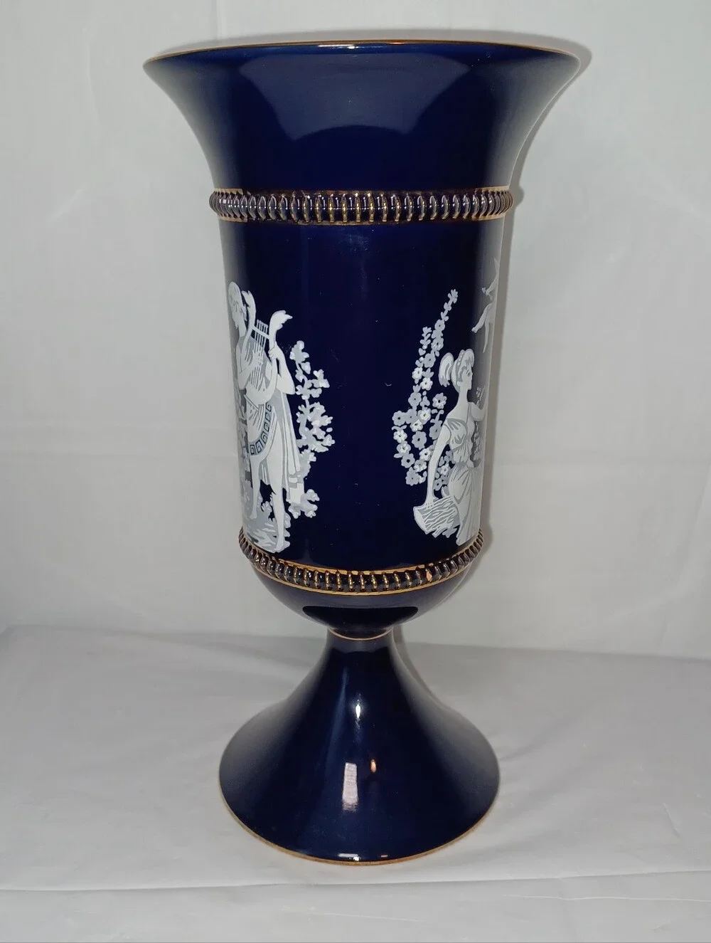 Vintage Hand Made Florentine Italy Blue Classical Vase with White Cameo Motif